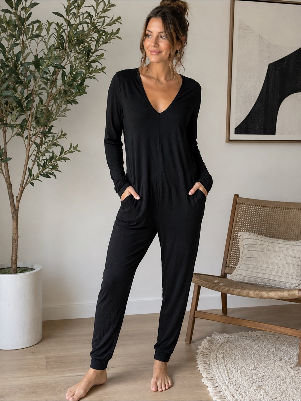 Smash + Tess Black Long Sleeve Romper Jumpsuit Loungewear Size L/XL